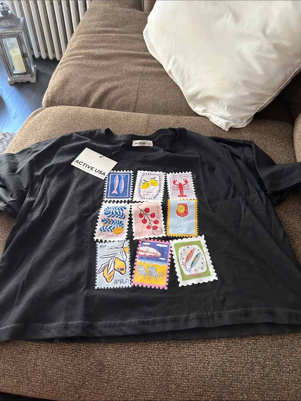Active USA Black Kids Graphic Stamp-Print Short Sleeve Tee